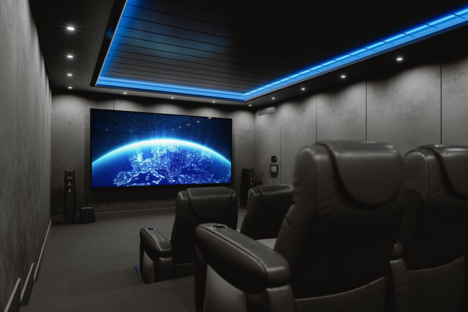 Home theater room with picture of earth on the screen